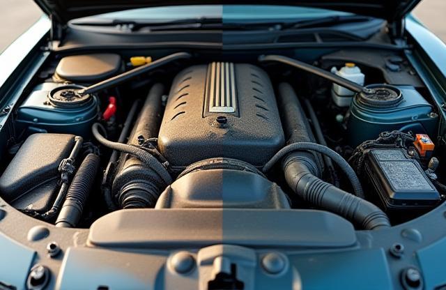 Before and after comparison of engine bay cleaning