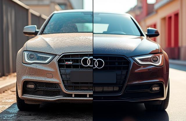 Before and after comparison of exterior car wash